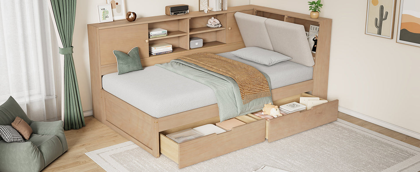 Wooden Twin Size L-shaped Daybed Corner Bed Under-bed Drawers  with Storage Bookcase and Upholstered Headboard and USB Charging Ports for Limited Space,Natural
