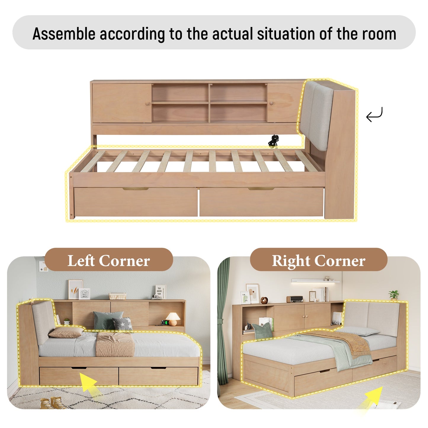Wooden Twin Size L-shaped Daybed Corner Bed Under-bed Drawers  with Storage Bookcase and Upholstered Headboard and USB Charging Ports for Limited Space,Natural
