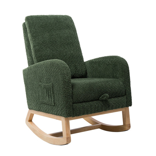 25.4'W Green Boucle High Back Glider Rocking Chair with Retractable Footrest and Rubber Wood Legs for Nursery and Living Room
