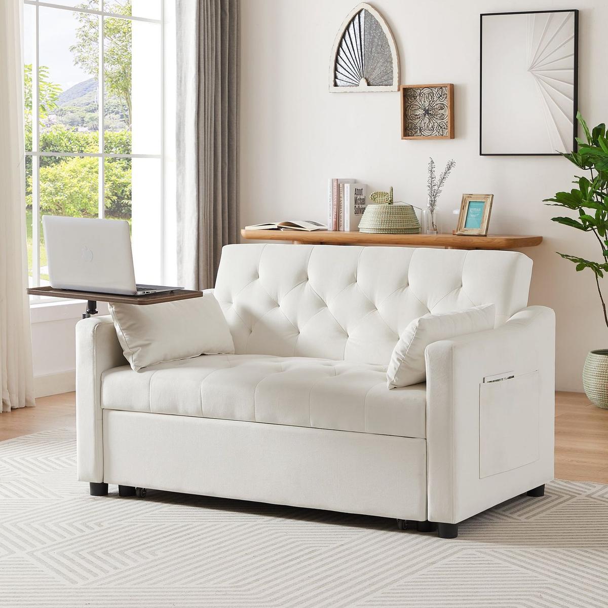 Living Room Decor: CREAM WHITE VELVET SOFA BED by Streamdale Furniture
