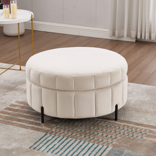 Area Rug: 31.5'W Upholstered Round Ottoman With Reversible Lid, Velvet Storage Stool, Channel Tufted Pumpkin-shape Footstool for Living room, Bedroom and Office, Beige by Streamdale Furniture