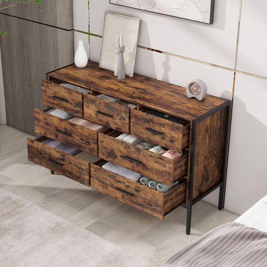 Wood Dresser with 7 Drawers, Wooden Storage Closet for Bedroom, Solid Clothes Cabinet with Sturdy Steel Frame, 48.58"Wx15.75"Dx31.22"H, 48 inch, Rustic Brown