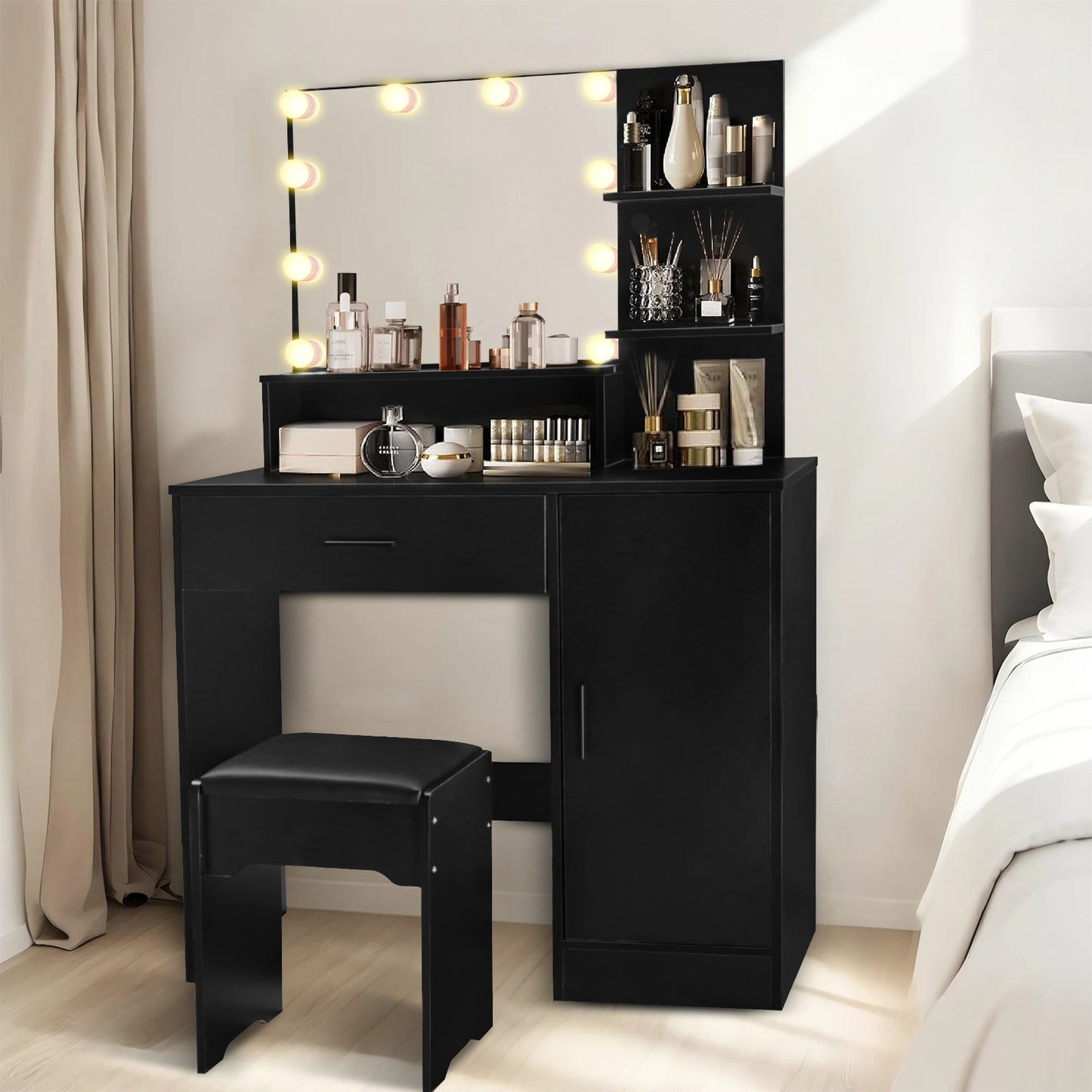 Vanity Desk with Mirror and Lights, Makeup Vanity with Drawer & Storage Cabinet, 3 Adjustable Lighting Colors, Makeup Desk with Open Shelves for Bedroom, Dressing Room, Black