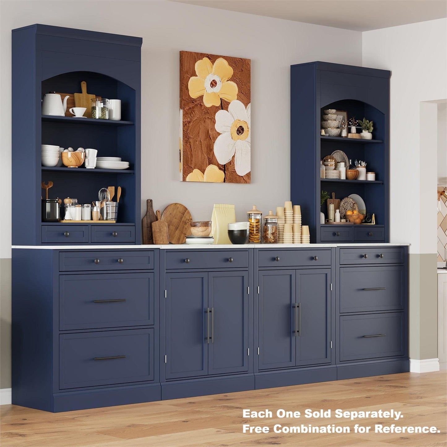 [Assembly Video Provided] TOPMAX Modern 83.7inch High Kitchen Pantry, Freestanding Tall Kitchen Hutch with Faux Marble Top,Cupboard Cabinet with 5 Storage Drawers and Adjustable Shelf, Set of 2, Blue