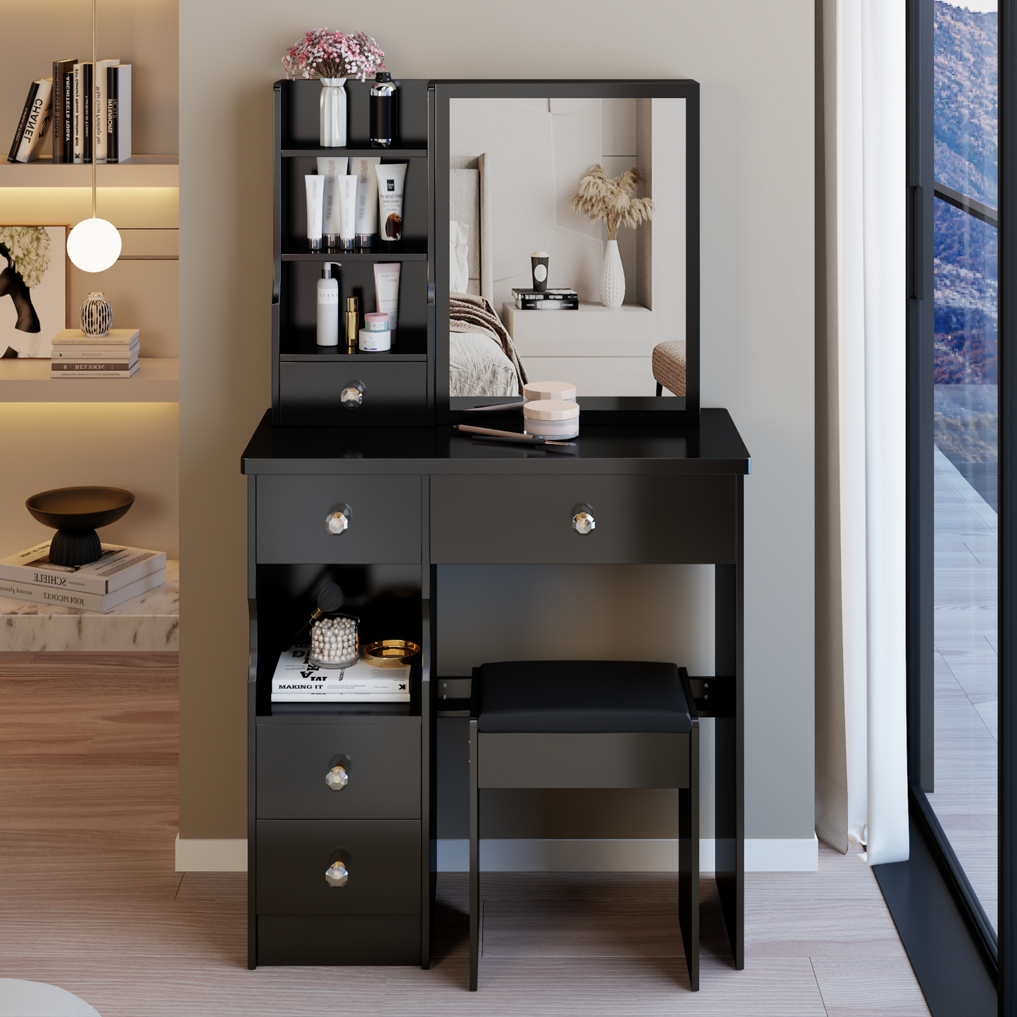 29.2' Small Size Left Drawer Desktop Vanity Table + Cushioned Stool, Extra Large Right sliding mirror, Multi Layer High Capacity Storage, Practical Fashionable Dresser, Suitable For Small Space
