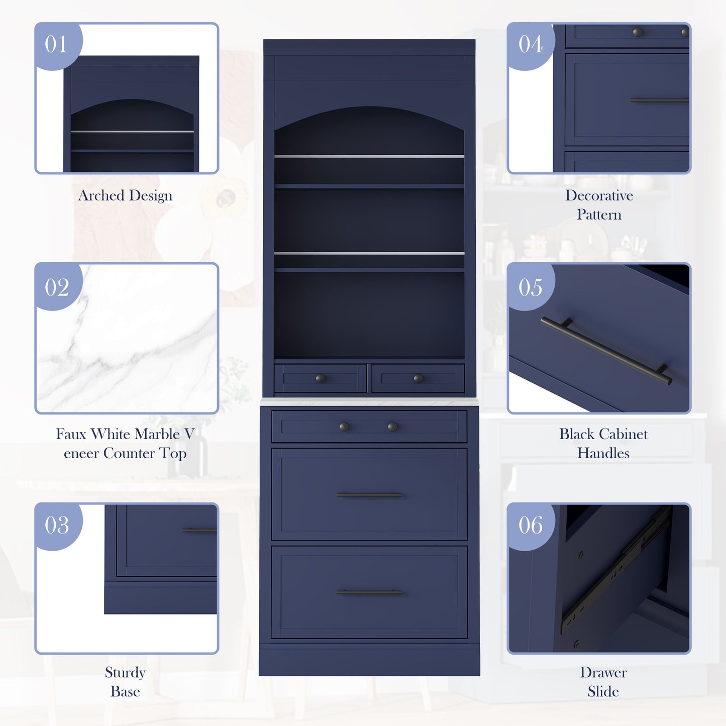 [Assembly Video Provided] TOPMAX Modern 83.7inch High Kitchen Pantry, Freestanding Tall Kitchen Hutch with Faux Marble Top,Cupboard Cabinet with 5 Storage Drawers and Adjustable Shelf, Set of 2, Blue