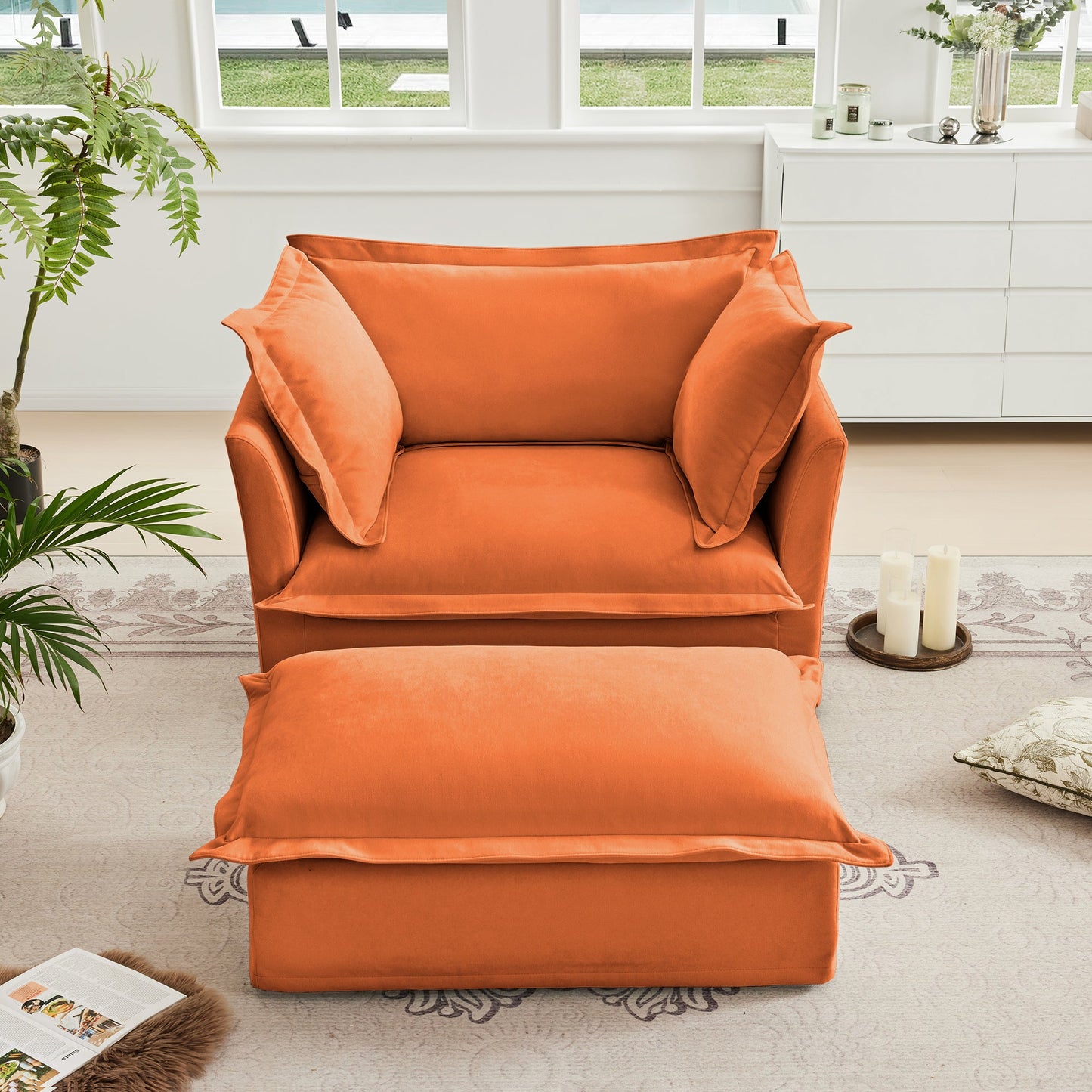 Upholstered Slipcovered Armchair with Ottoman,  Deep Seat Armchair W/ Wide Ottoman for Living Room, Armchair Sets with Large Soft Pillows(Set of 2),Chenille Fabric,Orange