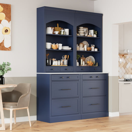 [Assembly Video Provided] TOPMAX Modern 83.7inch High Kitchen Pantry, Freestanding Tall Kitchen Hutch with Faux Marble Top,Cupboard Cabinet with 5 Storage Drawers and Adjustable Shelf, Set of 2, Blue