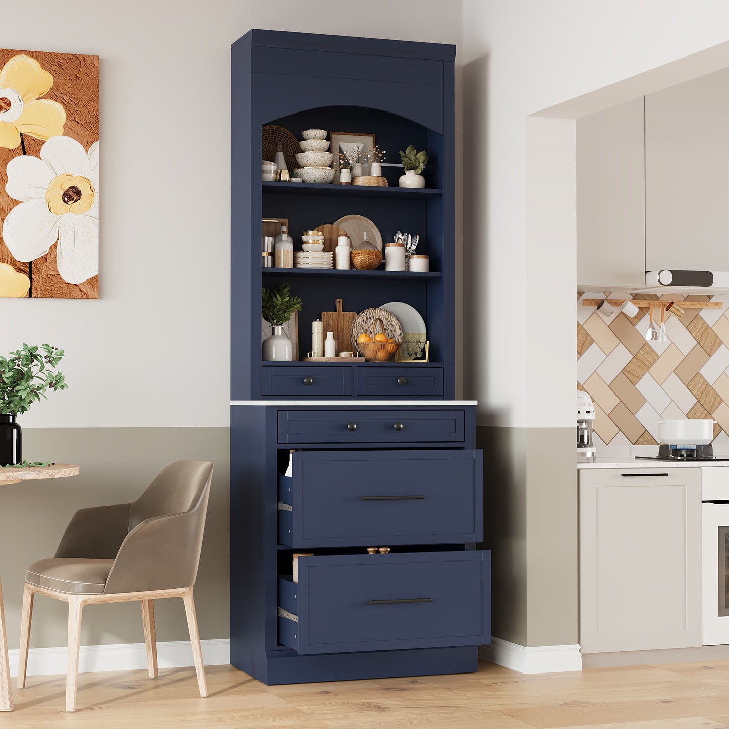 [Assembly Video Provided] TOPMAX Modern 83.7inch High Kitchen Pantry, Freestanding Tall Kitchen Hutch with Faux Marble Top,Cupboard Cabinet with 5 Storage Drawers and Adjustable Shelf, Set of 2, Blue