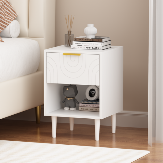 22.83'' H Modern White Nightstand with One Drawer and Open Shelf, Gold - Accented Handle, Ideal for Bedroom Decor