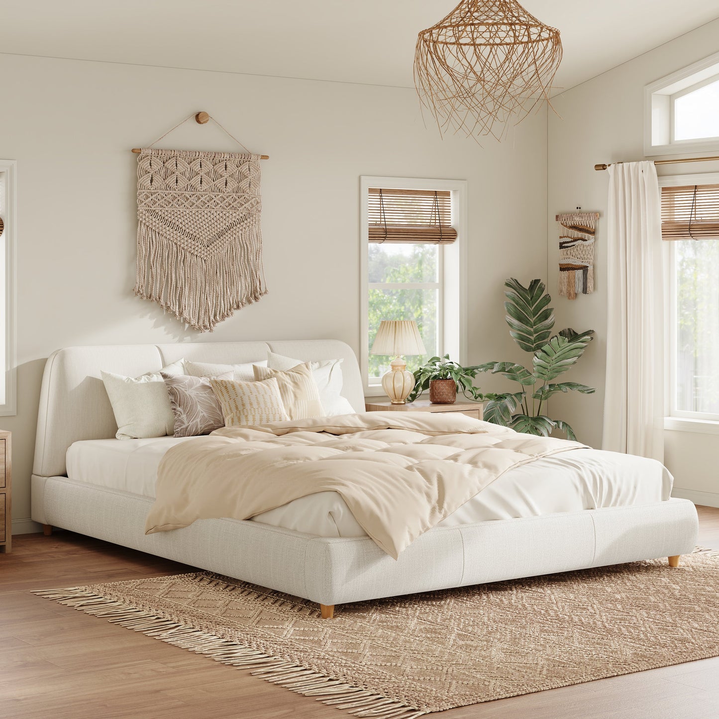 Bedroom Bedding & Decor: King Size Modern Upholstered Bed Frame with Linen Fabric and Solid Wood Legs, White by Streamdale Furniture
