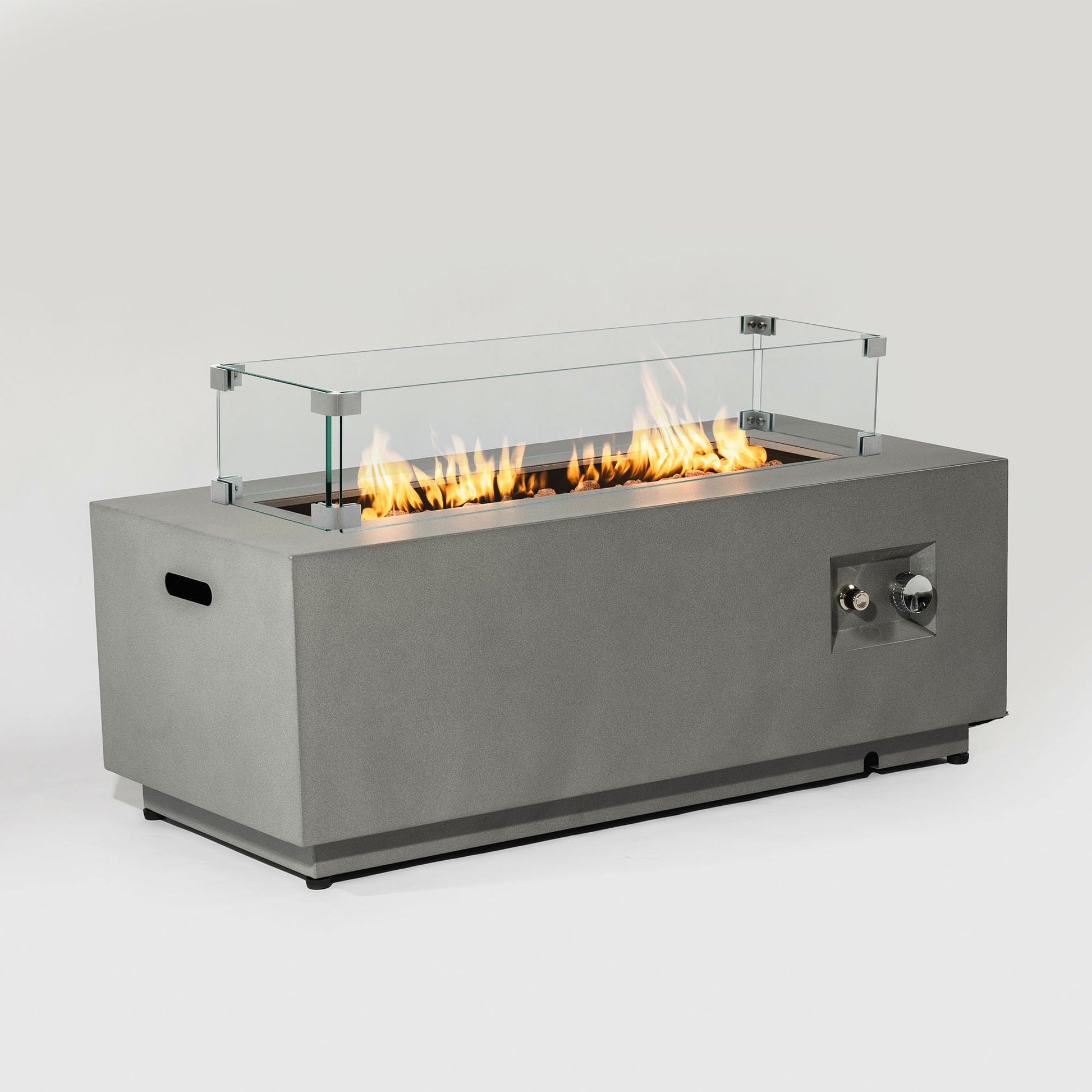 Dining & Tableware: 42' Propane Gas Fire Pit Table, 50000 BTU Rectangular Steel Fire Pit with Glass Wind Guard for Outside Patio Deck Garden Courtyard -Gray by Streamdale Furniture