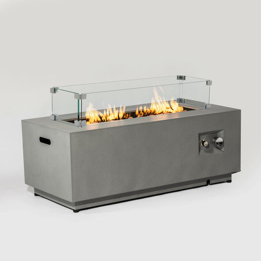 Dining & Tableware: 42' Propane Gas Fire Pit Table, 50000 BTU Rectangular Steel Fire Pit with Glass Wind Guard for Outside Patio Deck Garden Courtyard -Gray by Streamdale Furniture