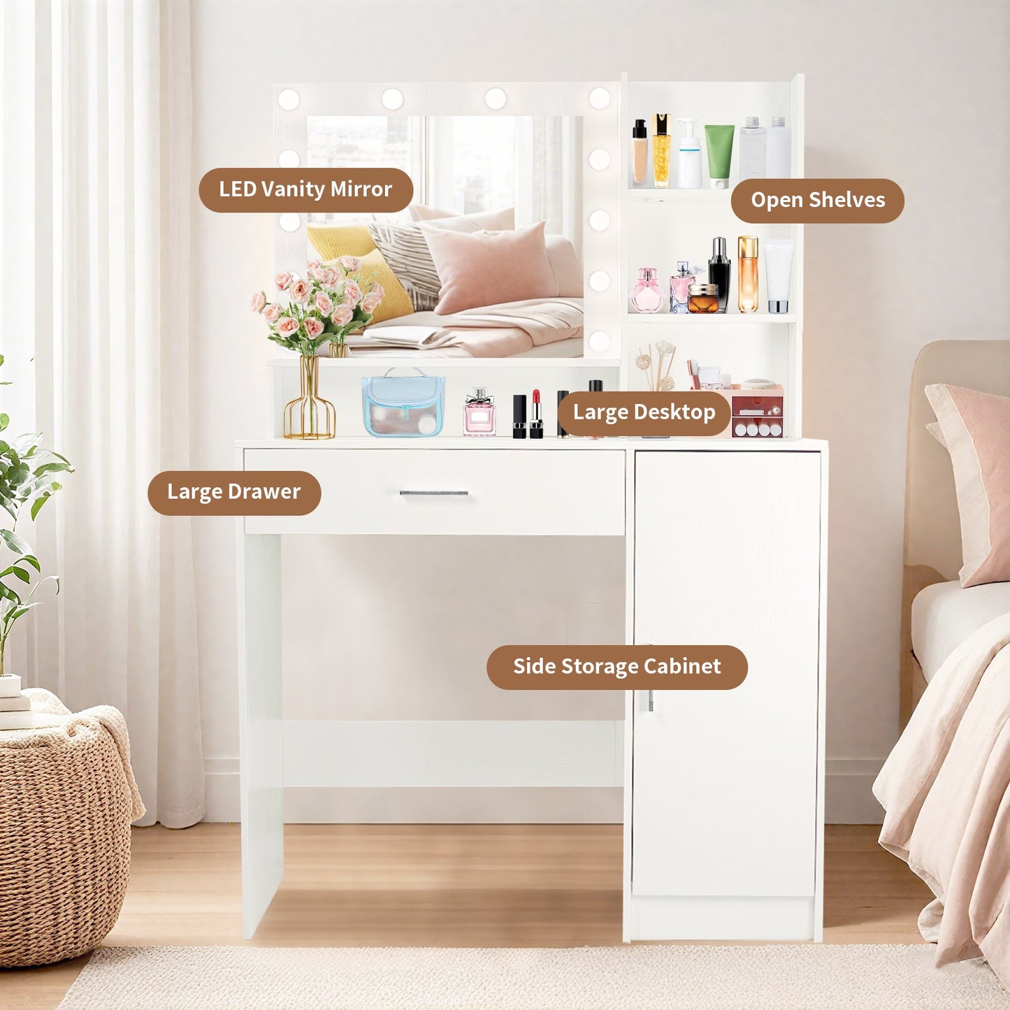 Vanity Desk with Mirror and Adjustable LED Lights, 3 Lighting Modes, Drawer and Storage Cabinet, White MDF