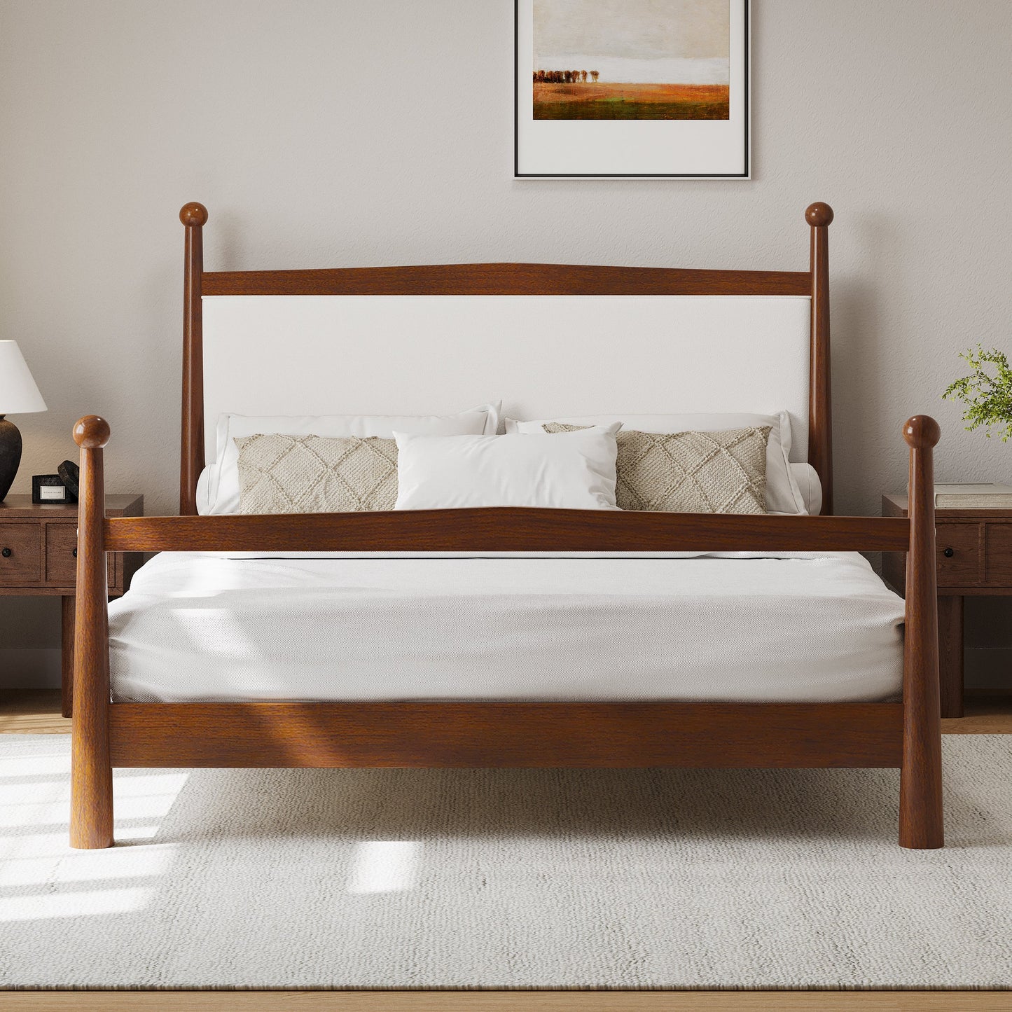 Bedroom Bedding & Decor: Mid-Century Modern Queen Size Solid Pine Wood Platform Bed with Upholstered Headboard in Boucle, No Box Spring Needed, Brown by Streamdale Furniture