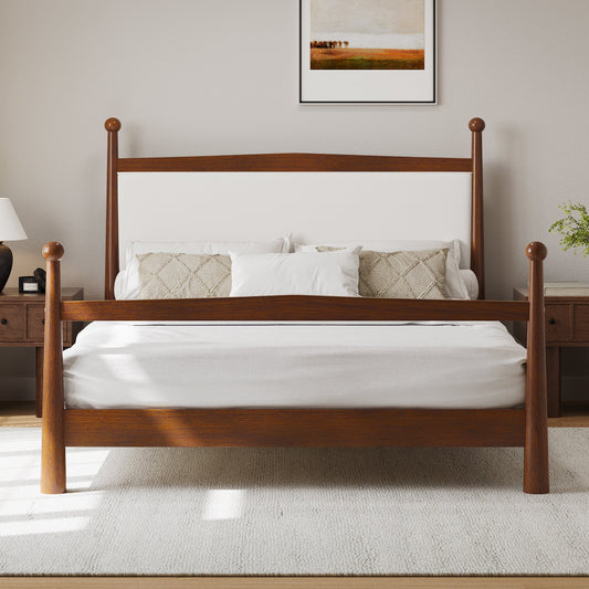 Bedroom Bedding & Decor: Mid-Century Modern Queen Size Solid Pine Wood Platform Bed with Upholstered Headboard in Boucle, No Box Spring Needed, Brown by Streamdale Furniture
