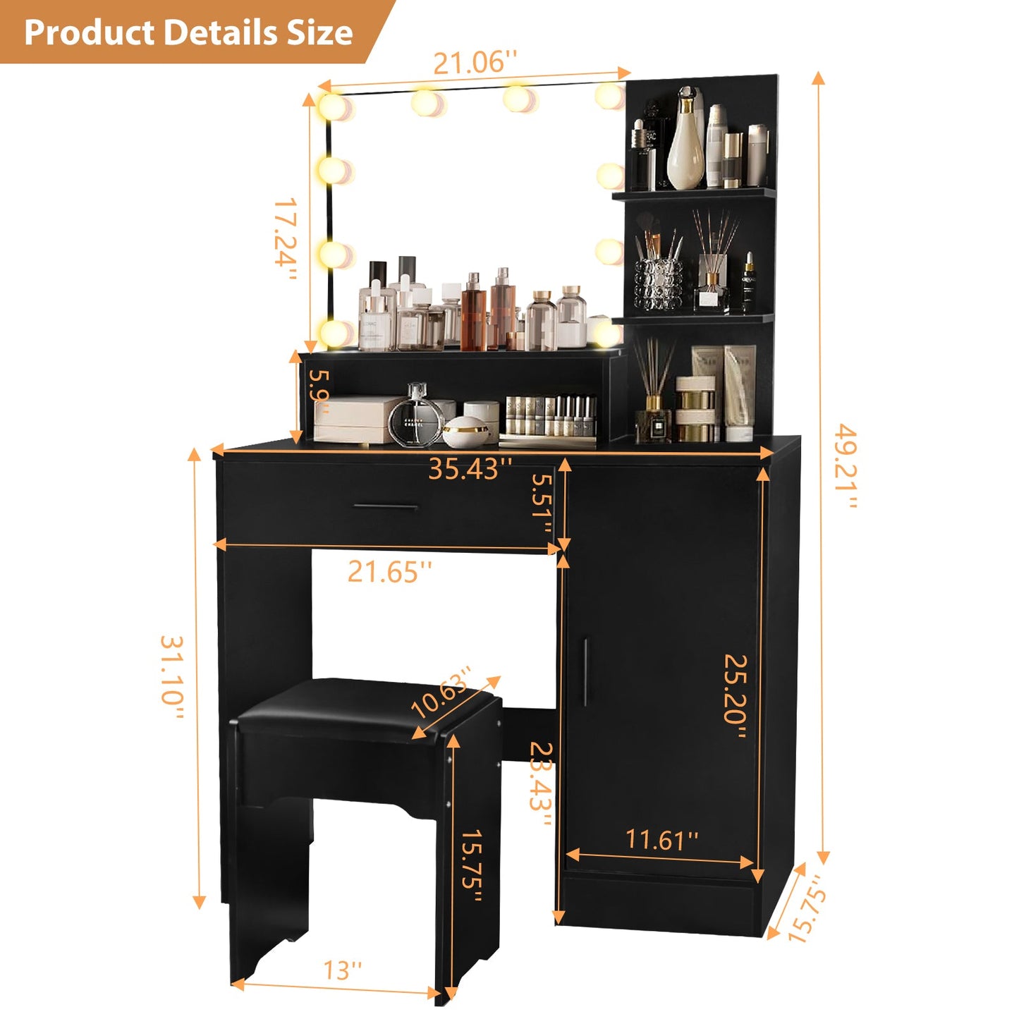 Vanity Desk with Mirror and Lights, Makeup Vanity with Drawer & Storage Cabinet, 3 Adjustable Lighting Colors, Makeup Desk with Open Shelves for Bedroom, Dressing Room, Black