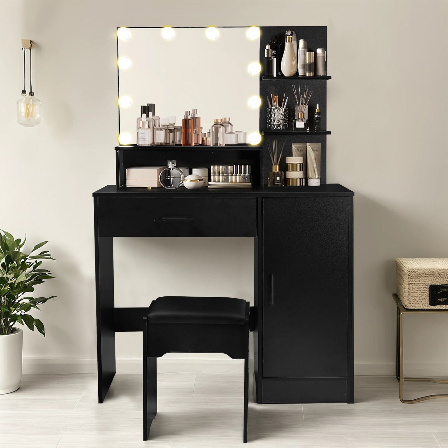 Vanity Desk with Mirror and Lights, Makeup Vanity with Drawer & Storage Cabinet, 3 Adjustable Lighting Colors, Makeup Desk with Open Shelves for Bedroom, Dressing Room, Black