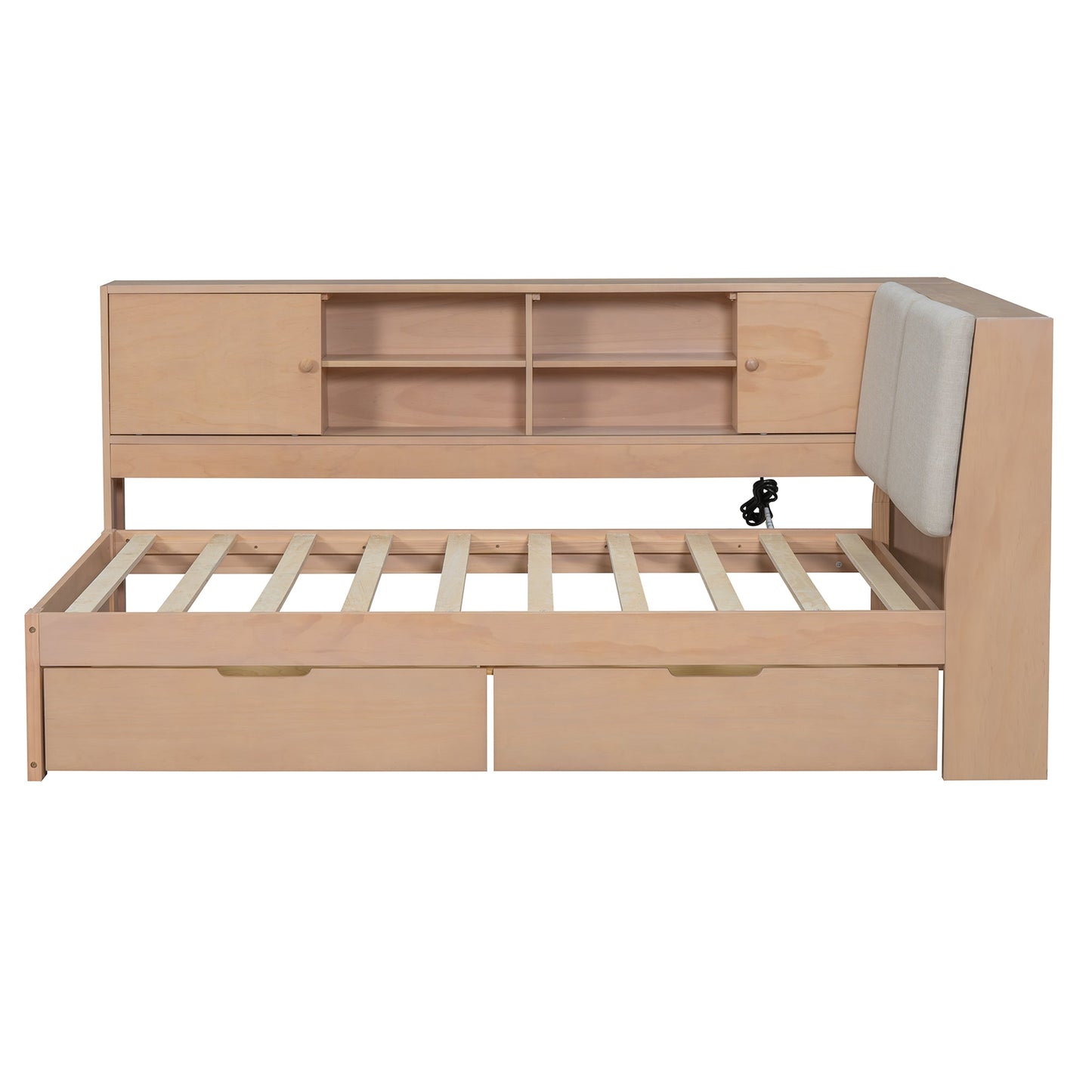 Wooden Twin Size L-shaped Daybed Corner Bed Under-bed Drawers  with Storage Bookcase and Upholstered Headboard and USB Charging Ports for Limited Space,Natural