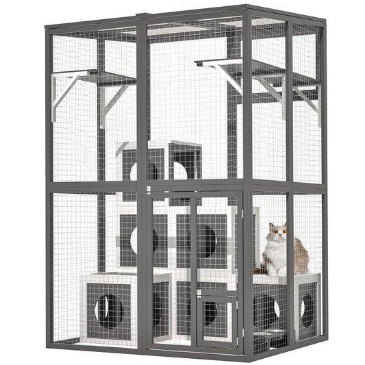 Bedroom Bedding & Decor: Outdoor Wooden Cat Catio - Large Solid Wood Cat Cage Playpen with 2 Jumping Platforms & 7 Napping Houses, Walk-in Cat Kennel Condo Shelter, Grey by Streamdale Furniture