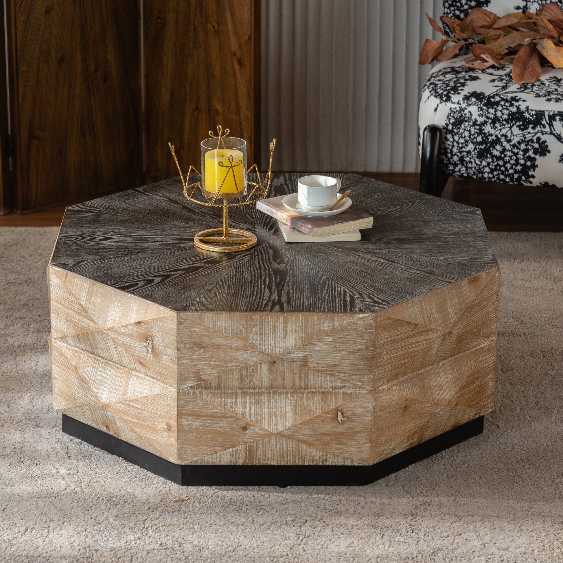 Home Office Accessories: Octagon Coffee Table,38' Retro Style Wood Center Table with Three-Dimensional Embossed Pattern,Rustic Cocktail Table Center Large Circle Coffee Table for Living Room Home by Streamdale Furniture