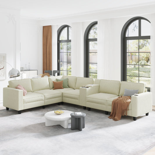 Kitchen Tools & Cookware: L-shaped 6-seater 133.4''*94.4'' corduroy sofa, large storage armrests with center console, USB charging, left and right seats can be switched, 3 packages of 130 by Streamdale Furniture