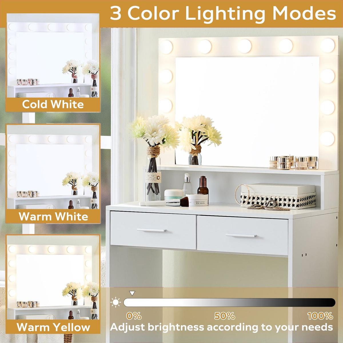 Vanity Desk with Mirror and Lights, Dressing Table with Large Drawer, 2 Level Storage Dresser & 3 Lighting Modes Adjustable Brightness, Suitable for Bedroom(White)