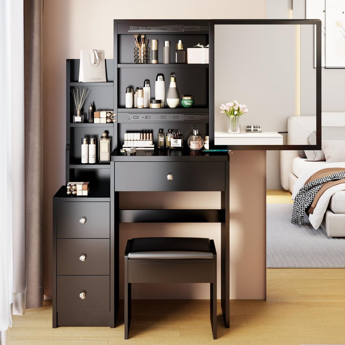 Bedroom Bedding & Decor: Small Space Left Bedside Cabinet Vanity Table + Cushioned Stool, Extra Large Right sliding mirror, Multi Layer High Capacity Storage, Practical Fashionable Dresser, Suitable for Girls Up to 5.6ft Tall by Streamdale Furniture