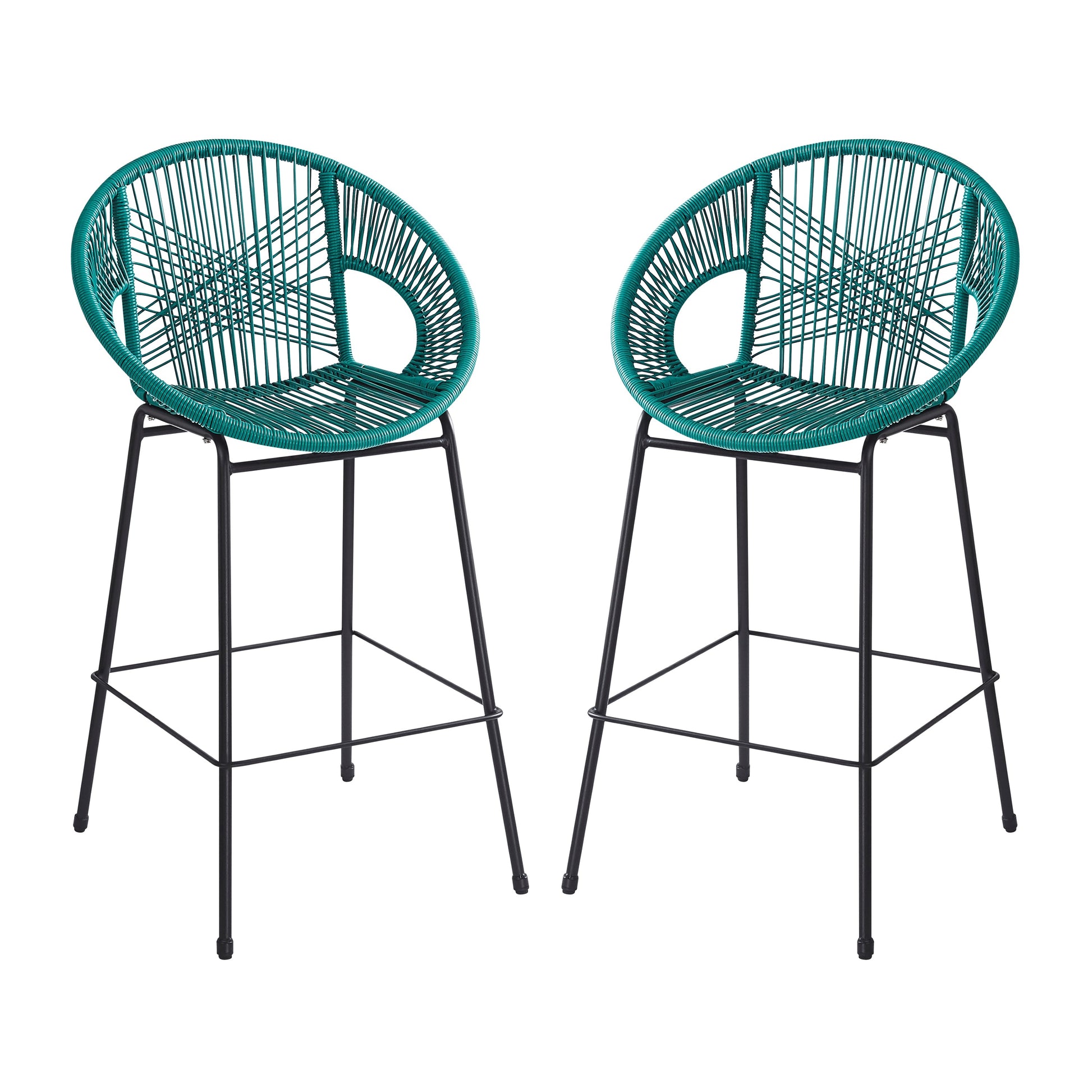 Dining & Tableware: Ferrara Outdoor Patio Teal Faux Wicker Barstool Set, Durable PE Material, Ergonomic Design, Teal Wicker with Black Frame by Streamdale Furniture