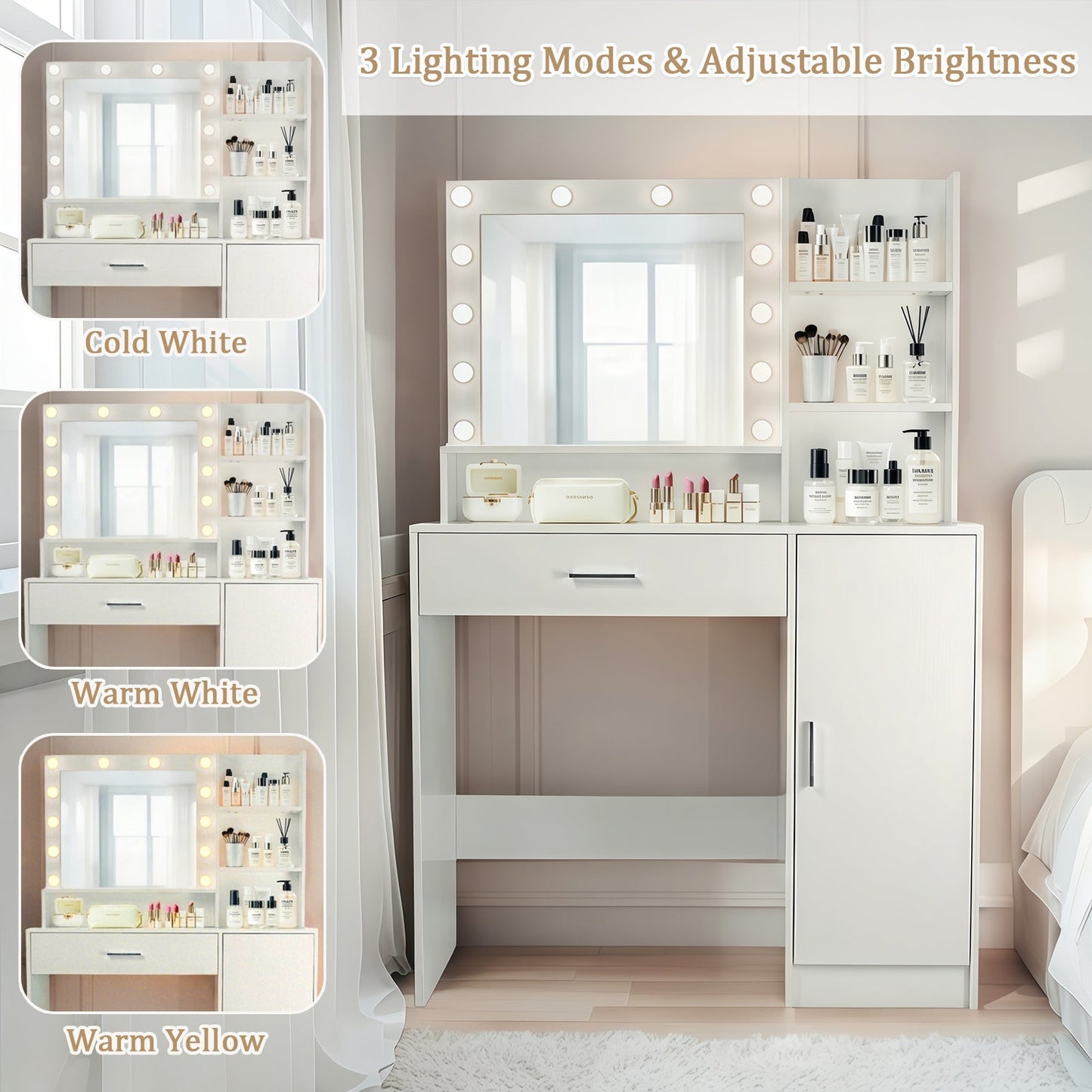 Vanity Desk with Mirror and Adjustable LED Lights, 3 Lighting Modes, Drawer and Storage Cabinet, White MDF