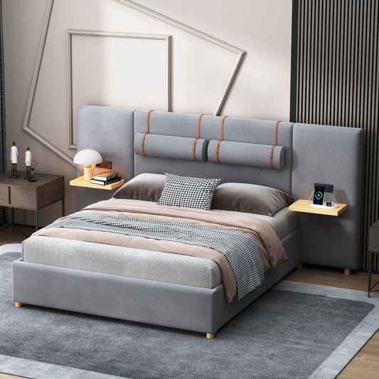 Bedroom Bedding & Decor: Queen Upholstered Platform Bed, Two Outlets and USB Charging Ports on Both Sides, Two Bedside Pillows, Storage Shelves, Velvet,Gray by Streamdale Furniture