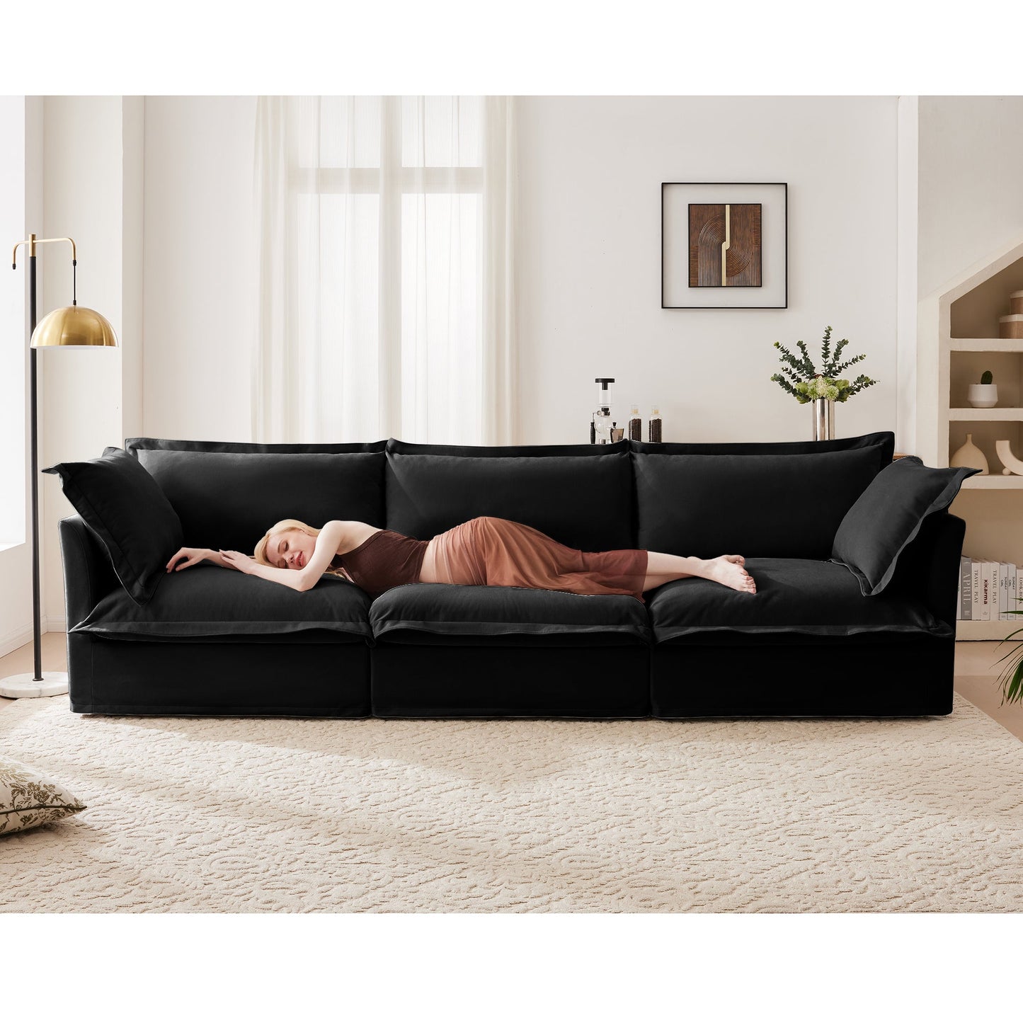Living Room Decor: Slipcovered Sofa Couch, Modern 3 Seater Sofa with Suppleness Armrests, Chenille Fleece Deep Seat Sofa with Soft Multiple Big Pillows, Comfy Couch for Living Room, Apartment,Chenille Fabric, Black by Streamdale Furniture