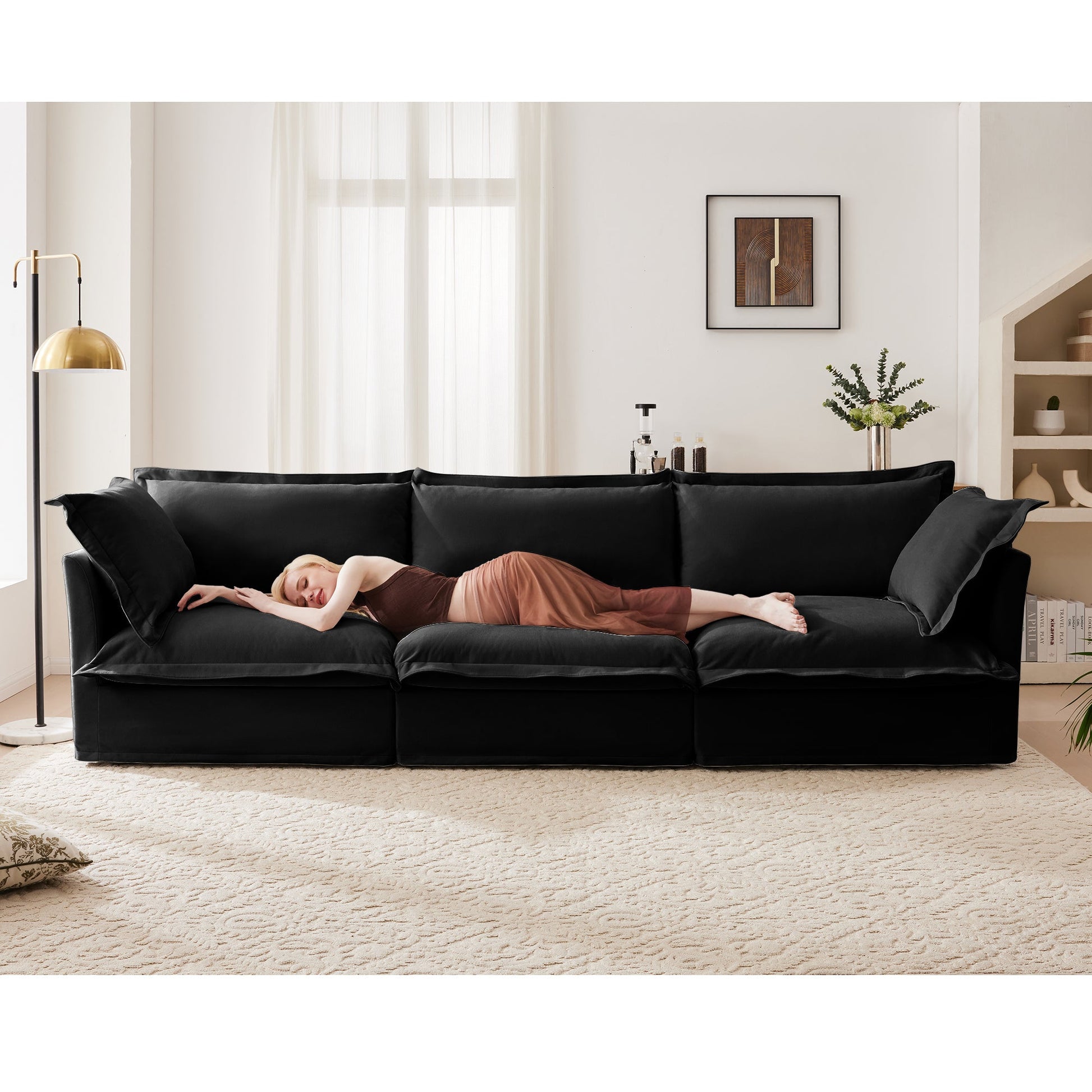 Living Room Decor: Slipcovered Sofa Couch, Modern 3 Seater Sofa with Suppleness Armrests, Chenille Fleece Deep Seat Sofa with Soft Multiple Big Pillows, Comfy Couch for Living Room, Apartment,Chenille Fabric, Black by Streamdale Furniture