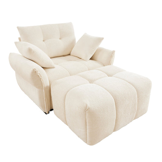 Smart Home Device: Modern Ergonomic Single Seater Sofa with Ottoman, High-Resilience Support, White Chenille by Streamdale Furniture