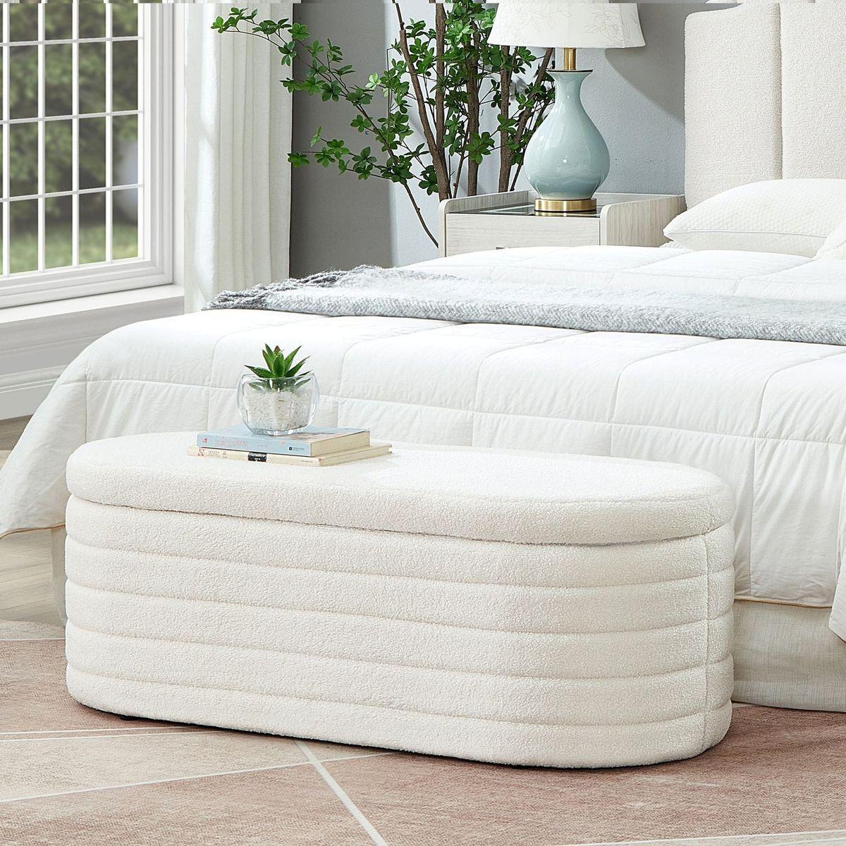 Bedroom Bedding & Decor: Modern Oval Storage Ottoman Bench, Upholstered Boucle Teddy Fabric End of Bed Bench with Storage, End of Bed Stool with Safety Hinge for Bedroom, Living Room, Entryway, White by Streamdale Furniture