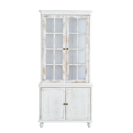 Vintage Display Cabinet with Double Glass Doors, Traditional Style Hutch for Home or Workspace - White Washed