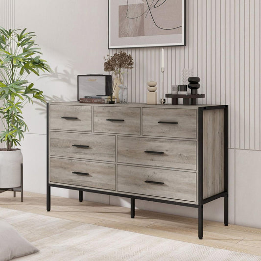 Wood Dresser with 7 Drawers, Wooden Storage Closet for Bedroom, Solid Clothes Cabinet with Sturdy Steel Frame, 48.58"Wx15.75"Dx31.22"H, 48 inch, Rustic Grey