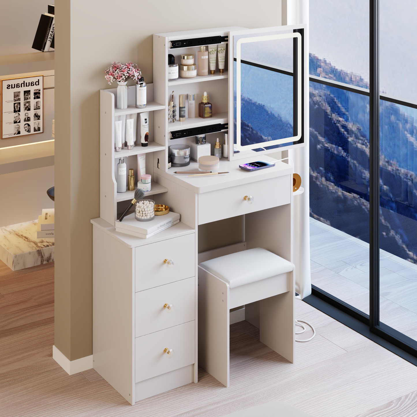 29.2' Small Size Left Bedside Cabinet Vanity Table + Cushioned Stool, 2 AC+2 USB Power Station, Hair dryer bracket, Extra Large Touch Control Sliding LED Mirror, Tri-color Switching, Brightness Adjust