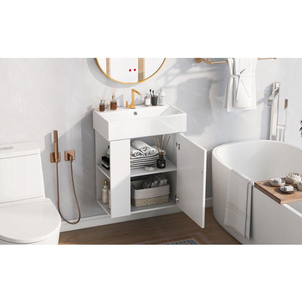 21.6inch Modern Floating Bathroom Vanity with Ceramic Basin - Perfect for Small Bathrooms, Left side storage