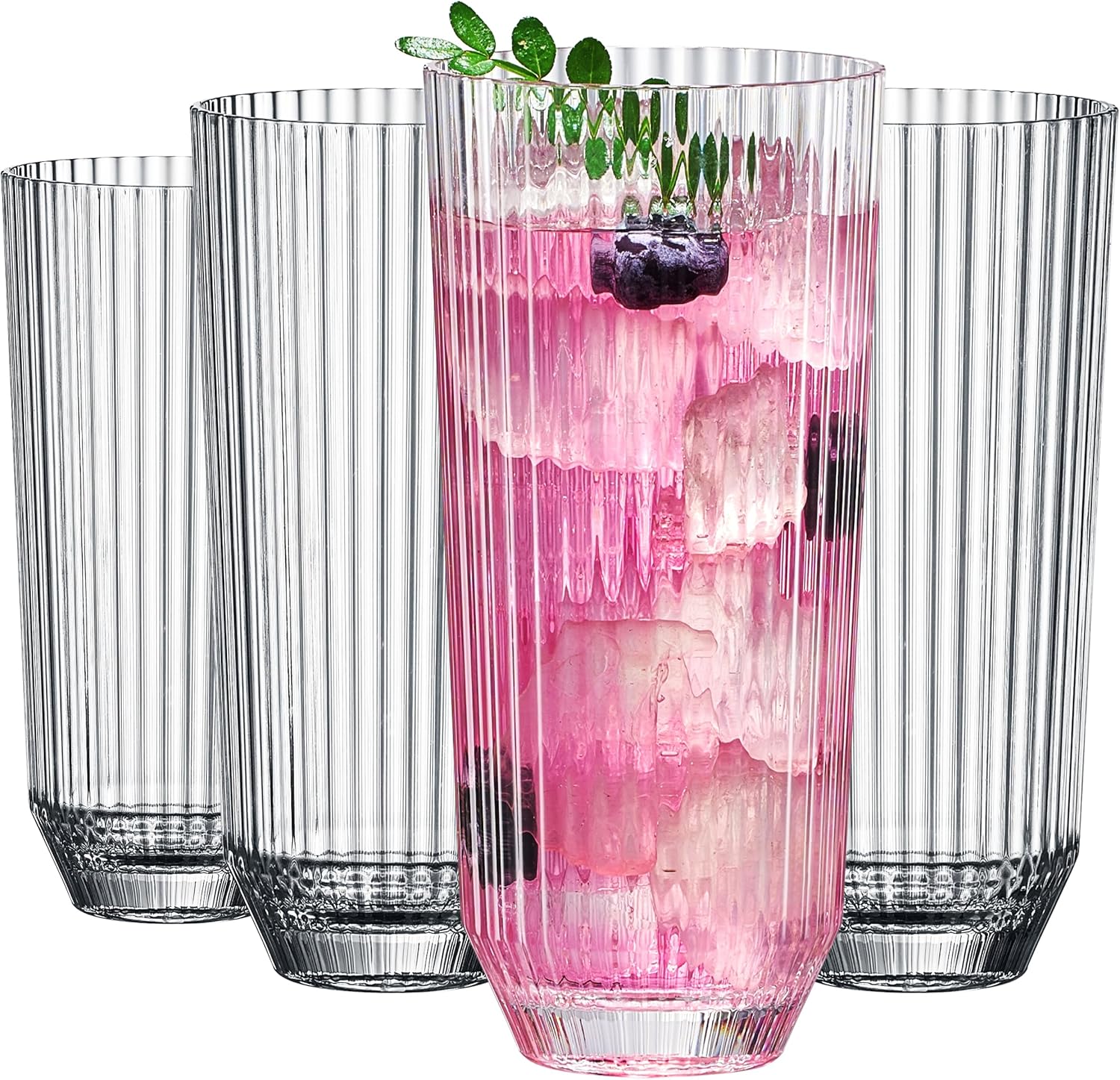 Dining & Tableware: Khen Shatterproof Ribbed Drinking Glasses – Set of 4 Clear 12oz Tritan Tumblers, European Style Acrylic Drinkware – Durable, BPA-Free, Dishwasher Safe, Stackable & Unbreakable Plastic Cups by Khen Site