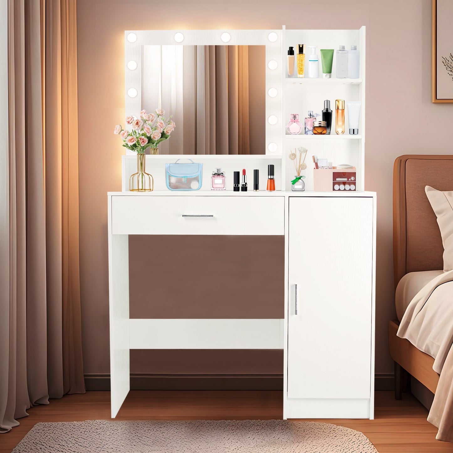 Vanity Desk with Mirror and Adjustable LED Lights, 3 Lighting Modes, Drawer and Storage Cabinet, White MDF