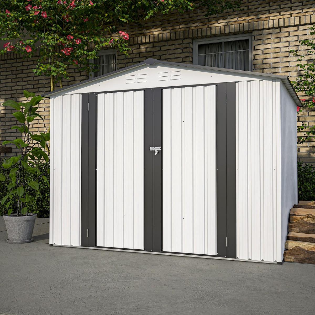 Kitchen Tools & Cookware: 8 x 6 ft Outdoor Storage Shed, All Weather Metal Sheds with 2 Lockable Doors, Tool Shed for Garden, Backyard, Lawn,White by Streamdale Furniture