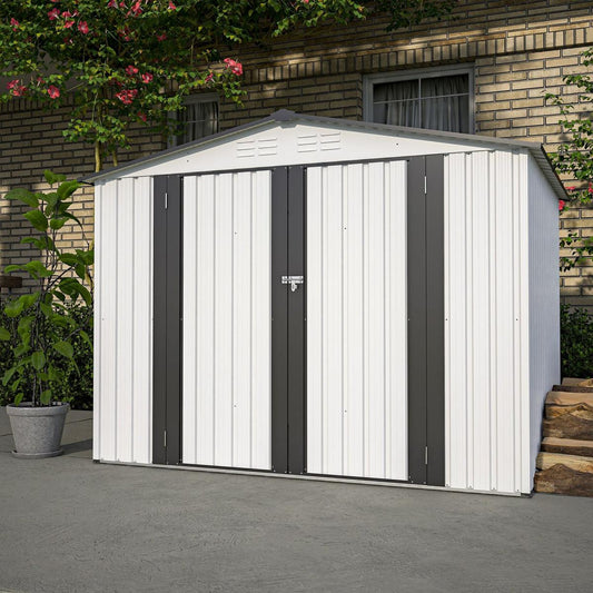 Kitchen Tools & Cookware: 8 x 6 ft Outdoor Storage Shed, All Weather Metal Sheds with 2 Lockable Doors, Tool Shed for Garden, Backyard, Lawn,White by Streamdale Furniture
