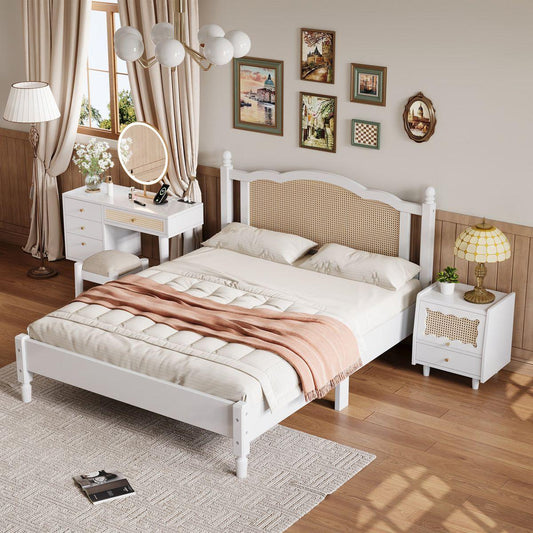 3 Pieces Bedroom Set with Queen Size Wooden Bed Frame, 1 Vintage  Nightstand and 1 Makeup Vanity Set with Stool,White