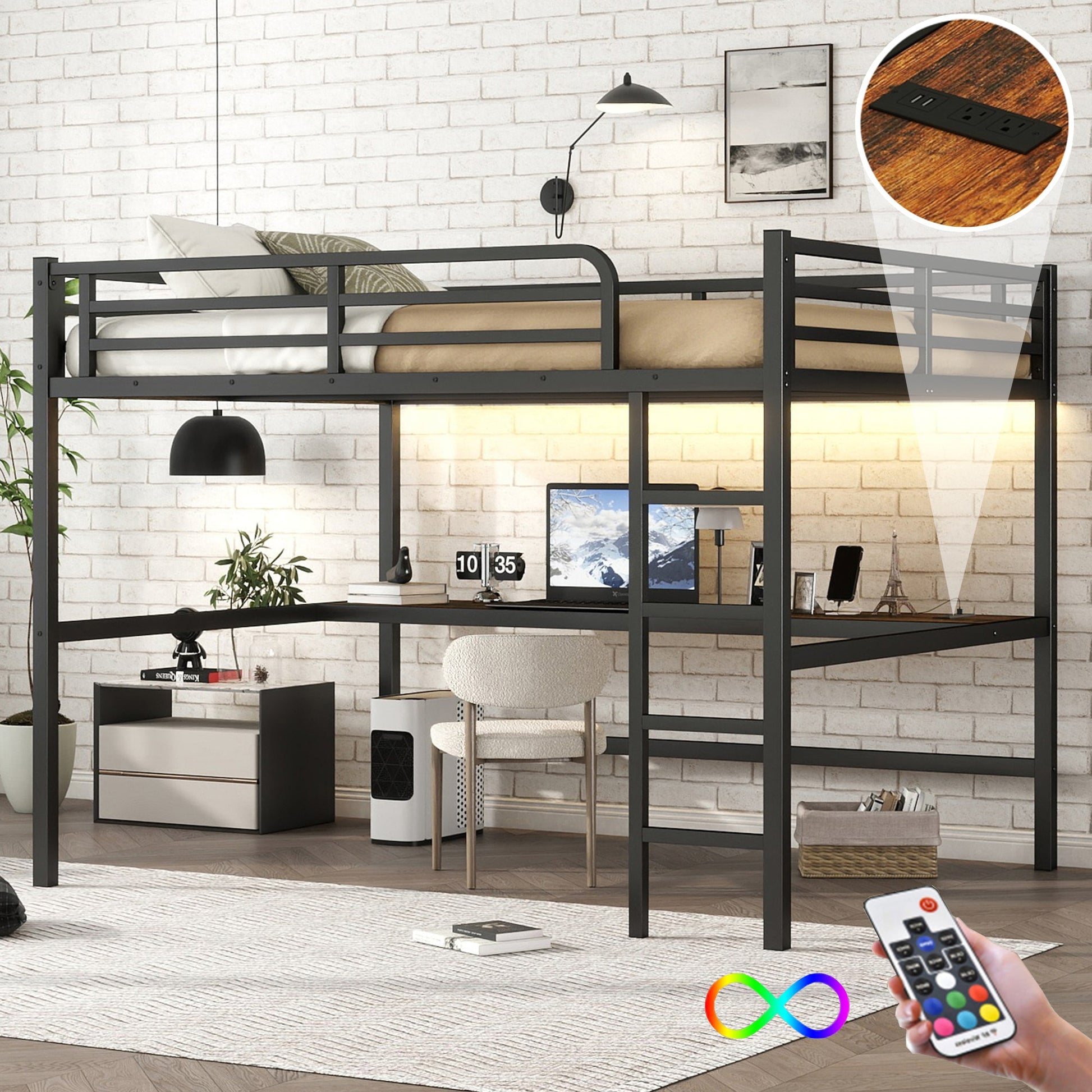 Smart Light Bulb: Metal Queen Size Loft Bed with Power Outlet and LED Lighted, Space-Saving, Noise Reduced, Black by Streamdale Furniture