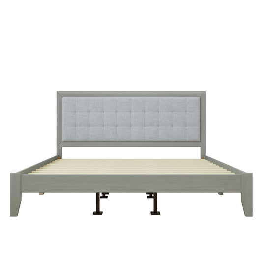Bedroom Bedding & Decor: Mid-Century Solid Wood Platform Bed with Upholstered Headboard in Grey Fabric, King Size by Streamdale Furniture
