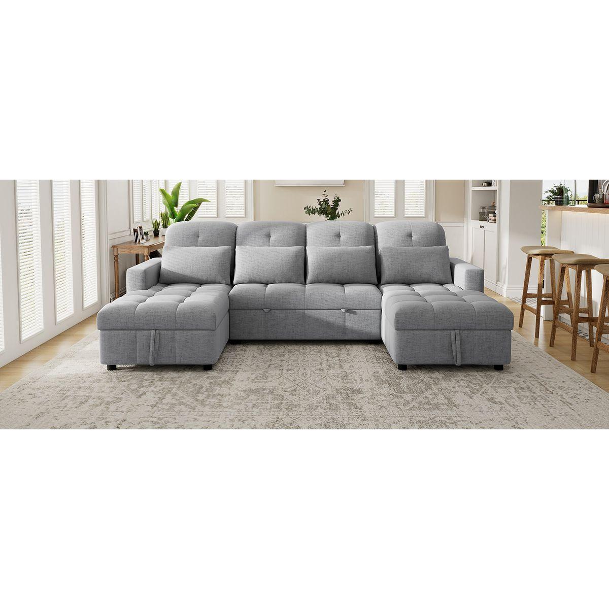 110.2' Oversized U-shaped Sofa Versatile Sectional Sofa Pull-out Sofa Bed with Double Storage Chaise Lounges and Two USB Ports for Living Room,Gray