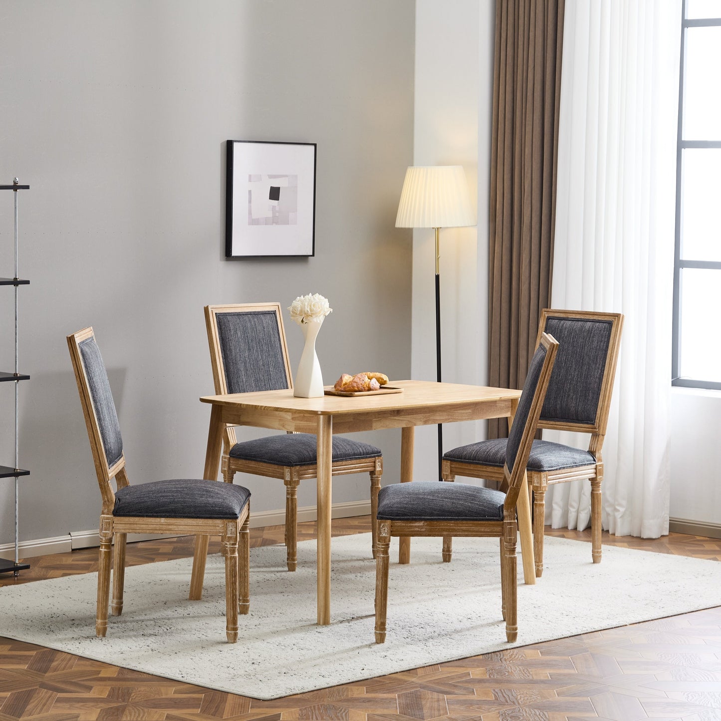 Vintage Inspired Set of 4 French Country Dining Chairs with Elegant Cane Backrest & Upholstered Seats in Rustic Weathered Blue Gray, Solid Rubberwood Frame
