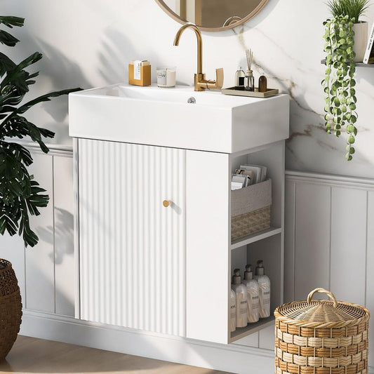 21.6inch Modern Floating Bathroom Vanity with Ceramic Basin - Perfect for Small Bathrooms, Right side storage
