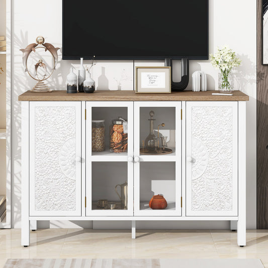 Kitchen Tools & Cookware: U-Can 47.2'' Retro TV Stand for TVs up to 43 Inches, Entertainment Center Media Console Cabinet with 3 Spacious Cabinets, Glass Cabinet Doors and Anti-tip Device for Living room by Streamdale Furniture